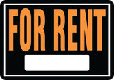 Hy-Ko Hy-Glo Series 802 Identification Sign, Rectangular, FOR RENT, Fluorescent Orange Legend, Black Background